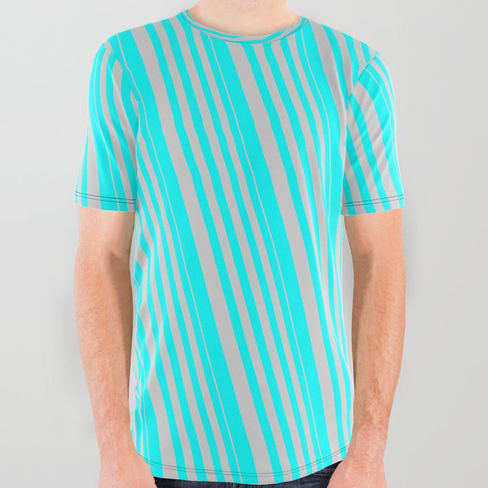 Light Grey & Aqua Colored Stripes Pattern All Over Graphic Tee