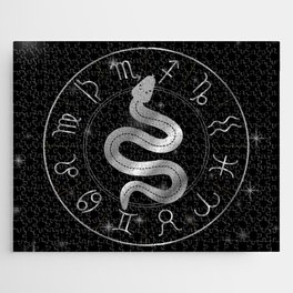 Zodiac symbols astrology signs with mystic serpentine in silver Jigsaw Puzzle