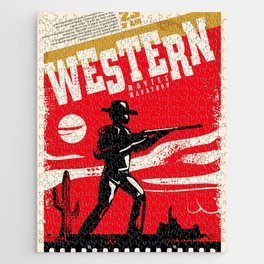 Western movies marathon retro poster design layout. Cinema festival. Vintage film poster with cowboy and wild west landscape.  Jigsaw Puzzle