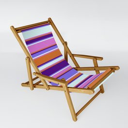 [ Thumbnail: Colorful Chocolate, Indigo, Medium Slate Blue, Light Cyan, and Orchid Colored Stripes Pattern Sling Chair ]