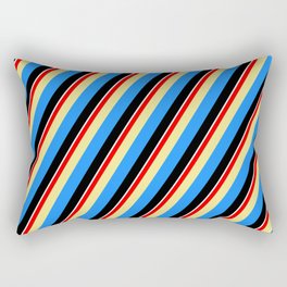 [ Thumbnail: Colorful Red, Tan, Blue, Black & White Colored Lined/Striped Pattern Rectangular Pillow ]