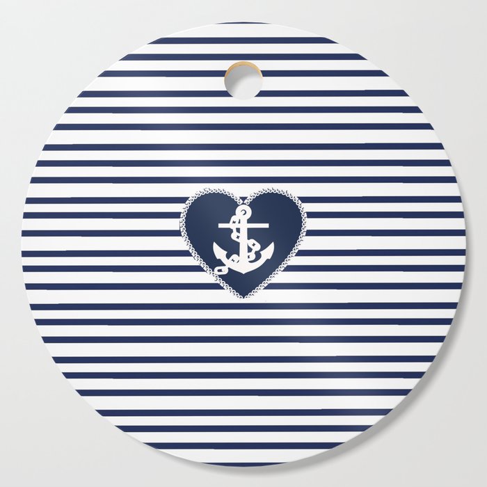Modern navy blue white heart anchor nautical stripes Cutting Board