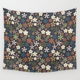 autumn green navy blue golden harvest florals eclectic daisy print ditsy florets Wall Tapestry