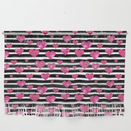 Black Stripes and Pink Hearts | Glitter Chic Pattern 09 Wall Hanging
