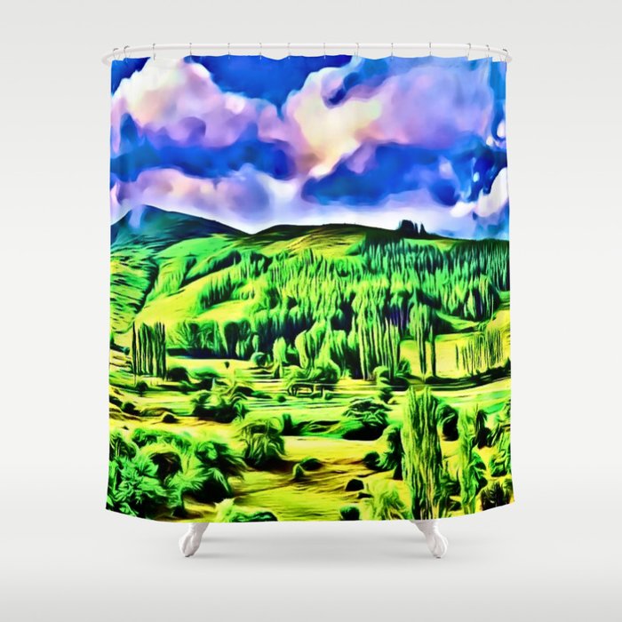 Kackar Mountains Green Aesthetic Modern Impressionist Landscape Shower Curtain
