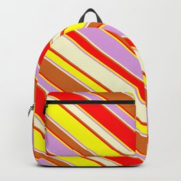[ Thumbnail: Eyecatching Red, Yellow, Plum, Light Yellow & Chocolate Colored Stripes Pattern Backpack ]