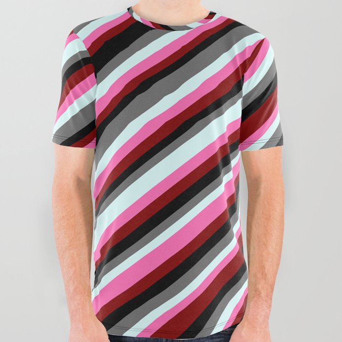 Colorful Dim Gray, Light Cyan, Hot Pink, Maroon & Black Colored Striped/Lined Pattern All Over Graphic Tee