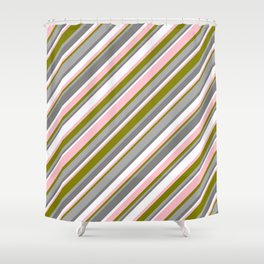 [ Thumbnail: Eye-catching Green, Dark Grey, Gray, White & Pink Colored Pattern of Stripes Shower Curtain ]