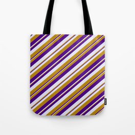 [ Thumbnail: Dark Goldenrod, Indigo, and Lavender Colored Lined Pattern Tote Bag ]