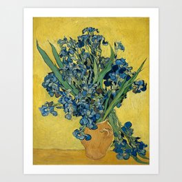 Still Life: Vase with Irises Against a Yellow Background Art Print