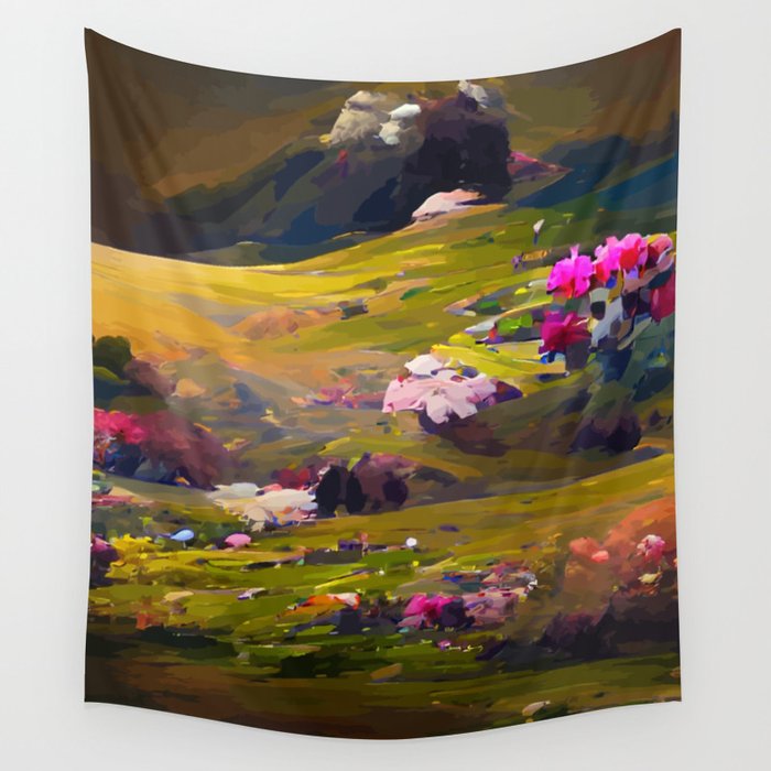 Flower Field and Volcano Wall Tapestry