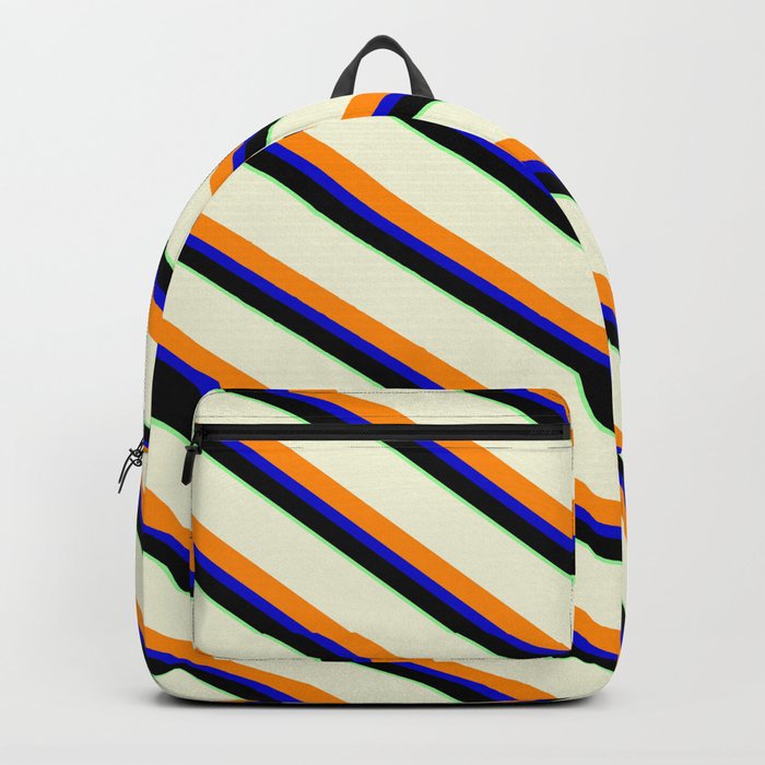 Vibrant Beige, Dark Orange, Blue, Black & Green Colored Stripes Pattern Backpack