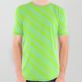 [ Thumbnail: Light Green and Green Colored Stripes/Lines Pattern All Over Graphic Tee ]