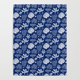 Blue And White Coral Silhouette Pattern Poster
