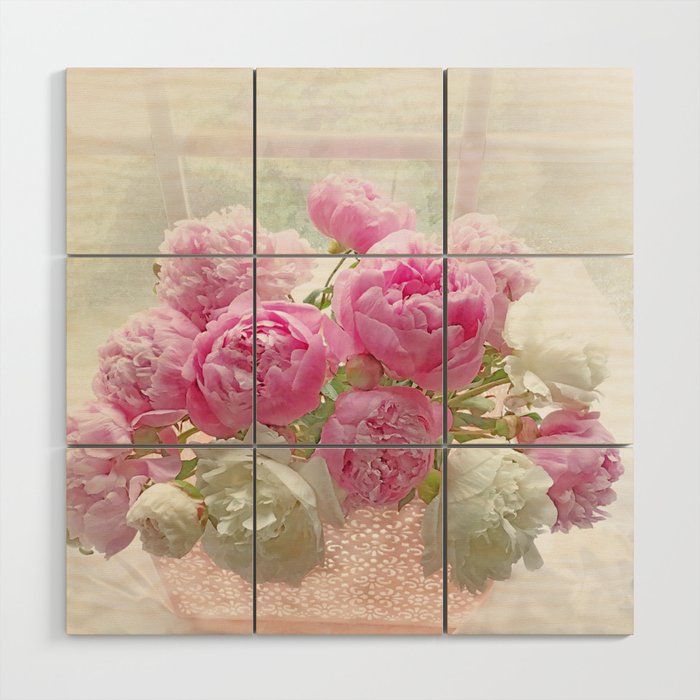 Shabby Chic Garden Pink White Peonies In Window Cottage Flower Wall Art Print, Home Decor, Gift Decor Wood Wall Art