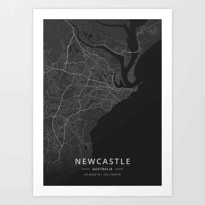 Newcastle, Australia - Dark Map Art Print