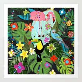 Parrots, Toucan and Flamingo Tropical Birds Tropical Forest Pattern Art Print