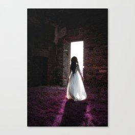 Dreams of lavender; female in beautiful white gown on spring morning walking into sunlight portrait magical realism fantasy color photograph / photography Canvas Print