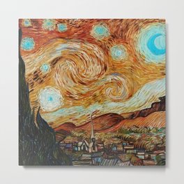 The Starry Night - La Nuit étoilée oil-on-canvas post-impressionist landscape masterpiece painting in alternate earthen gold and blue by Vincent van Gogh Metal Print