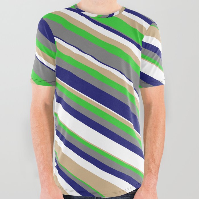 Eyecatching Tan, Lime Green, Grey, Midnight Blue & White Colored Lines Pattern All Over Graphic Tee