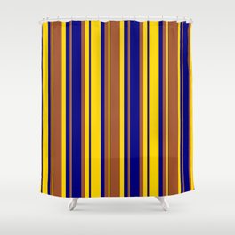 [ Thumbnail: Yellow, Sienna & Blue Colored Striped Pattern Shower Curtain ]