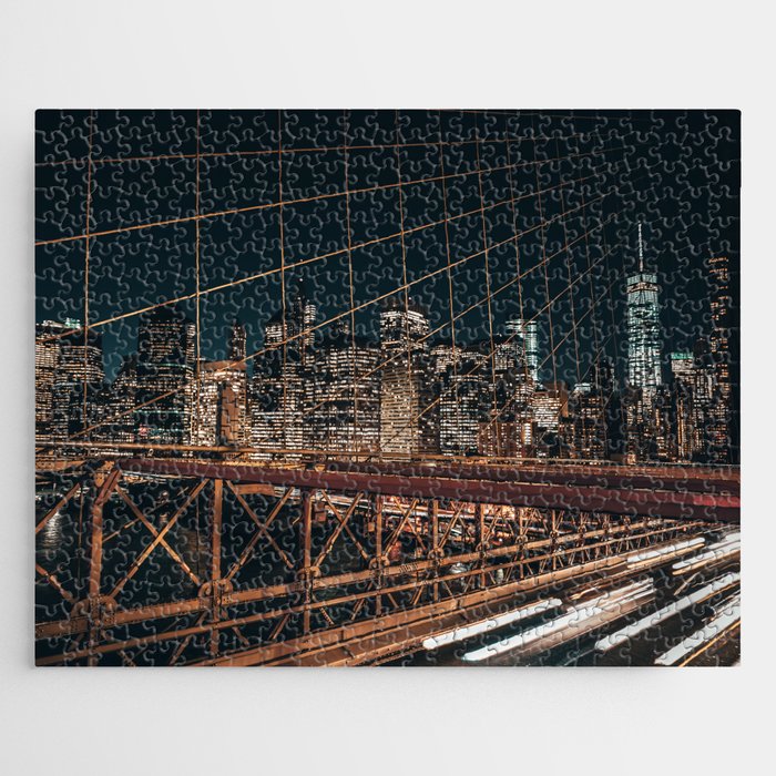 Brooklyn Bridge and Manhattan skyline at night in New York City Jigsaw Puzzle