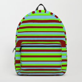 [ Thumbnail: Sky Blue, Green & Dark Red Colored Lined Pattern Backpack ]