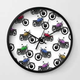 Multicolored Motorbikes pattern Wall Clock | Graphicdesign, Cartoonbikes, Bikerider, Motorbikes, Retro, Cartoon, Classicbikes, Fast, Motorcyclepattern, Multicolored 