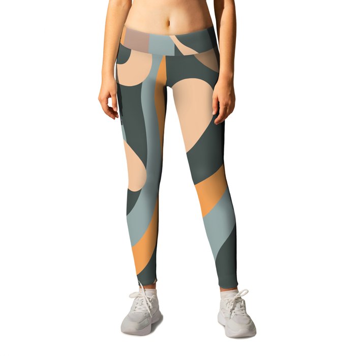 Dopamine Please - Trippy Retro Psychedelic Abstract Pattern in Muted Blue Orange Taupe Leggings