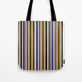 [ Thumbnail: Tan, Dark Goldenrod, Black, White & Midnight Blue Colored Lines/Stripes Pattern Tote Bag ]