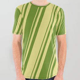 [ Thumbnail: Tan & Green Colored Lines Pattern All Over Graphic Tee ]