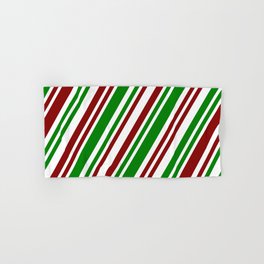 [ Thumbnail: Festive, Christmas Inspired Red, White, and Green Colored Stripes/Lines Pattern Hand & Bath Towel ]