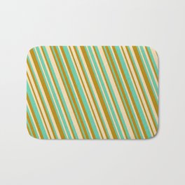[ Thumbnail: Tan, Aquamarine & Dark Goldenrod Colored Striped/Lined Pattern Bath Mat ]