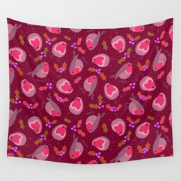 Festive Robins // Pink Wall Tapestry