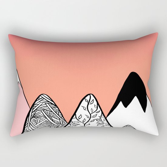 Modern abstract pink coral watercolor sky black white geometric floral mountains illustration Rectangular Pillow