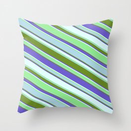 [ Thumbnail: Colorful Light Blue, Green, Slate Blue, Light Cyan & Light Green Colored Stripes Pattern Throw Pillow ]