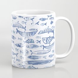 Fishes pattern, classic, sea, ocean, underwater, water, pattern, fishes, fish, whales, nautical, white-blue, painting, digital, stripes, summer, beach, sharks, navy, blue,  Coffee Mug