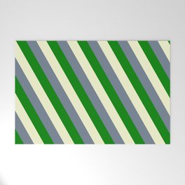 [ Thumbnail: Light Yellow, Slate Gray, and Green Colored Lined Pattern Welcome Mat ]
