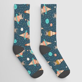 Cats Floating on Ice Cream in Space Socks
