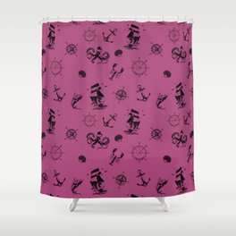 Magenta And Black Silhouettes Of Vintage Nautical Pattern Shower Curtain