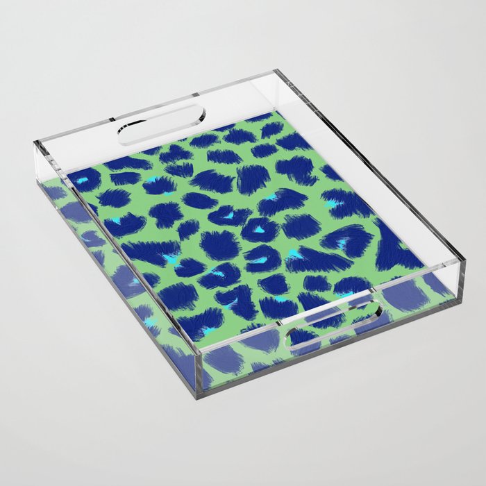 Leopard Spots, Cheetah Print, Blue, Turquoise, Fresh Green, Brush Strokes Acrylic Tray