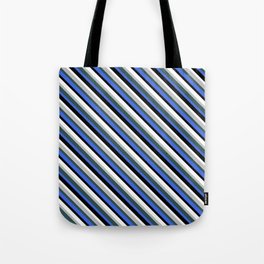 [ Thumbnail: Vibrant Grey, Dark Slate Gray, Royal Blue, Black & White Colored Lines Pattern Tote Bag ]