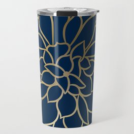 Floral Prints, Line Art, Navy Blue and Gold Travel Mug