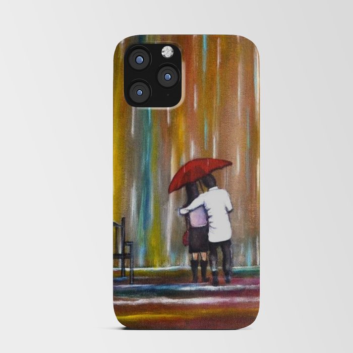 Love in a twilight colorful rain; couple with red umbrella romantic portrait painting by Manjiri iPhone Card Case