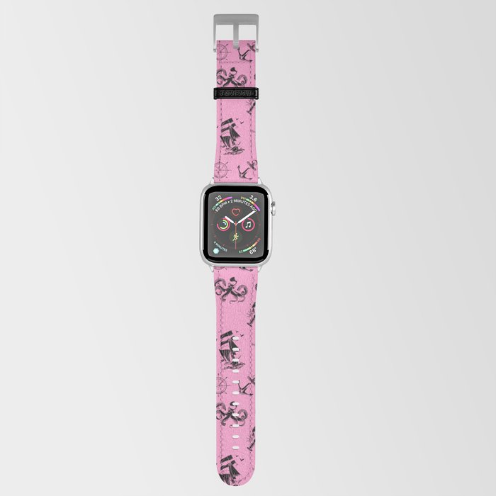 Pink And Black Silhouettes Of Vintage Nautical Pattern Apple Watch Band