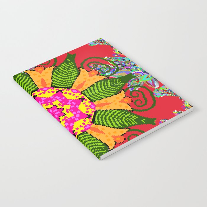 Colored round floral mandala on a red, green and yellow colors. Vintage illustration.  Notebook