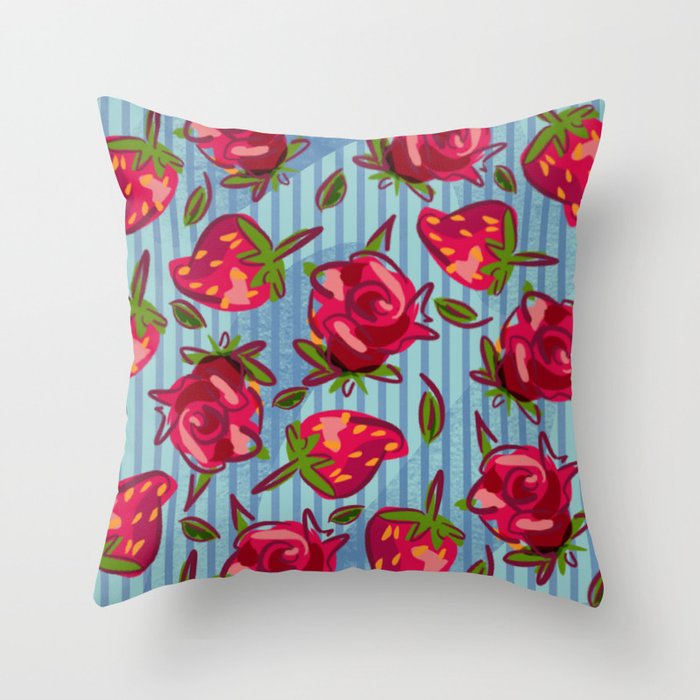 strippy roses and strawberries Throw Pillow