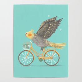Cockatiel on a Bicycle Poster