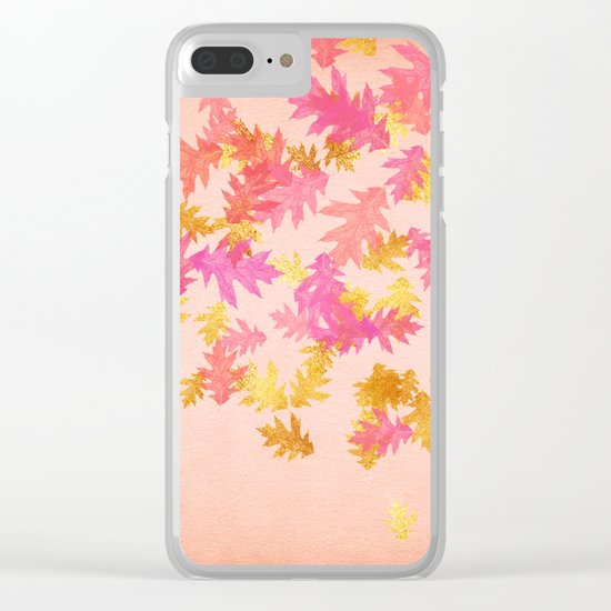 Autumn-world 1 - gold glitter leaves on pink background Clear iPhone Case