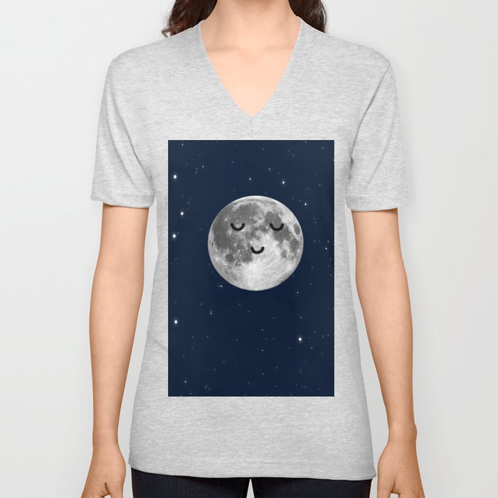 Peaceful Happy Moon in Space Midnight Stars  V Neck T Shirt